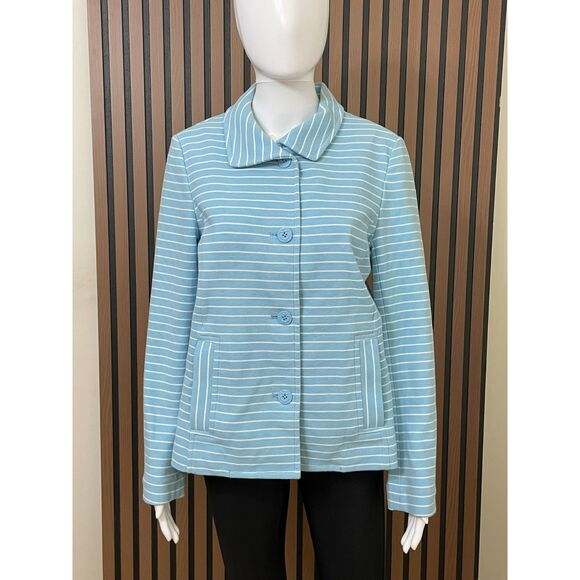 Talbots Women's M Blue Blazer Cotton Jacket Nautical Striped Career Stretch - Picture 1 of 10